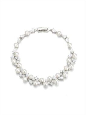 Cubic Zirconia Pearl Tennis Bracelet 7.5" Hypoallergenic Silver-Tone